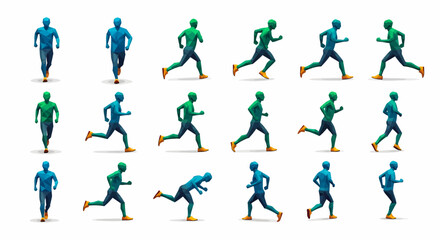 A set of stylized figures in blue and green illustrating the different phases of a running cycle.