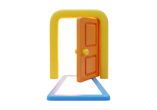 Stylized Open Doorway with Orange Door Yellow Frame and Blue Base Against Black Background