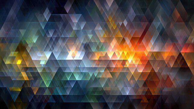 Abstract mosaic of vibrant triangles, glowing and blending in a dark, cosmic-like scene - Powered by Adobe