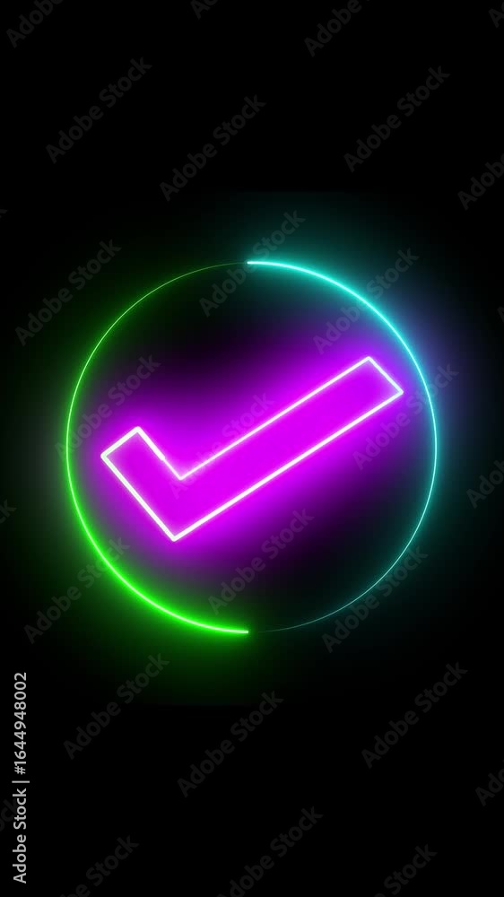 Poster neon success check mark inside circle vertical. neon glowing check mark inside a circle on a black b
