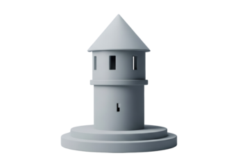 Stylized Stone Tower with Conical Roof and Round Base in Neutral Gray on Dark Background