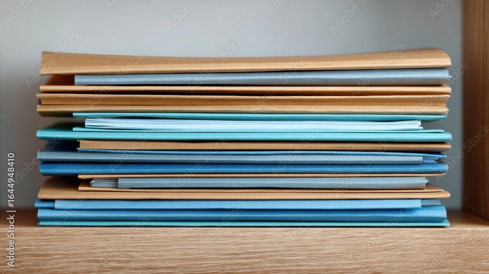 Aufkleber clean empty folders stacked neatly on simple wooden shelf