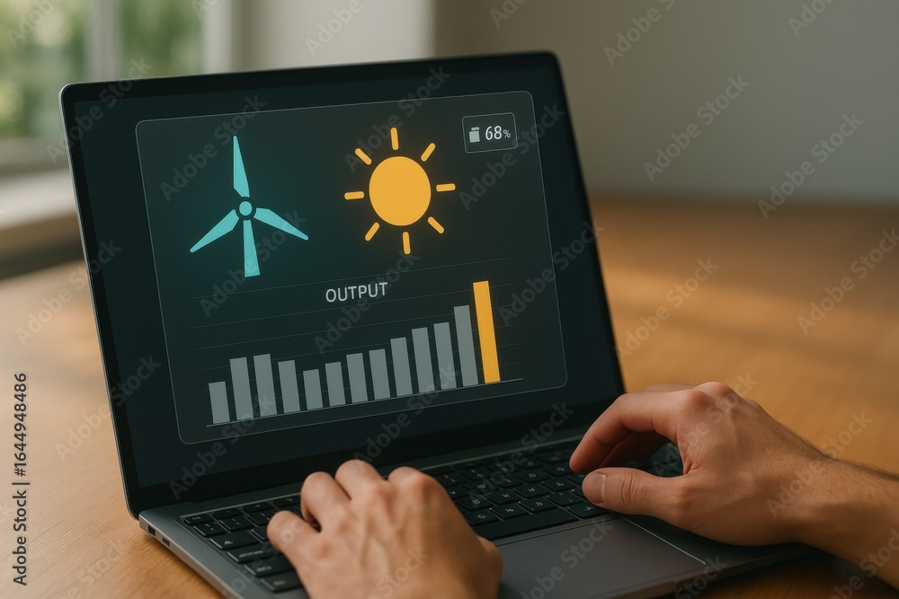 Aufkleber renewable energy output interface showing wind turbine and solar panel efficiency on laptop