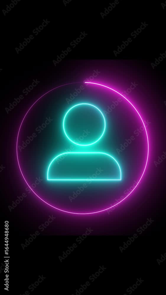 Poster animated glowing user profile icon animation vertical video. neon profile icon animated in bright cy