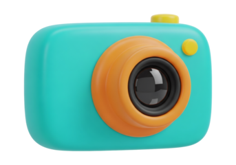 Turquoise and Orange 3D Render of Camera Object Isolated Against Transparent Background for Creative Still Life Photography