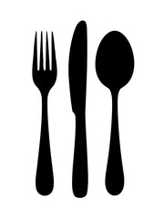 Silhouette of fork knife and spoon utensils in black kitchen cutlery image for dining design