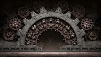Ornate stone archway adorned with intricate, rusted gears.