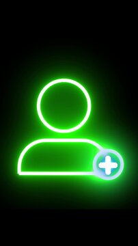 Glowing friend icon animated community symbol vertical video. Green neon add friend icon animation against black background for social media. Animated neon friend icon glowing social animation.