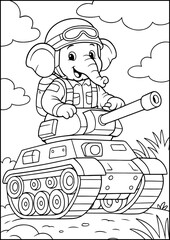 A strong elephant tank driver leaning from the hatch, wearing goggles and helmet, steering a large tank, detailed black-and-white line art for coloring book.