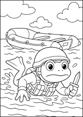 Coloring Book Animal, Anthropomorphic Animals A frog soldier swims from a rubber boat in a covert mission.