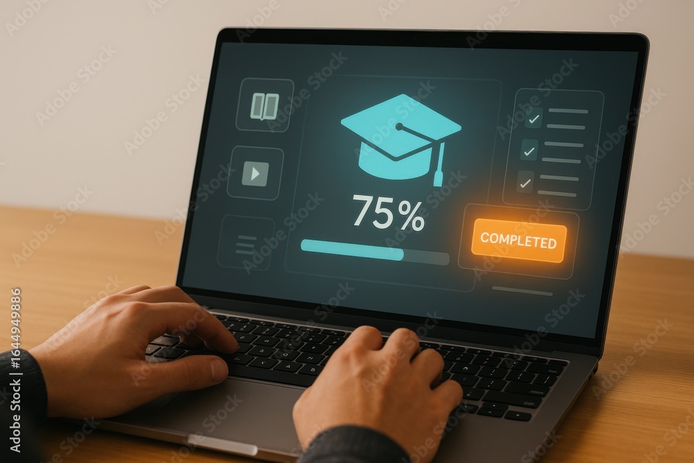 Aufkleber online learning dashboard showing course progress at 75 percent and completion confirmation