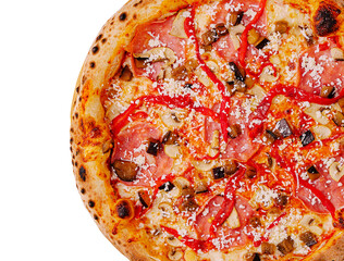 Tasty pizza topped with cured meats, peppers, and mushrooms