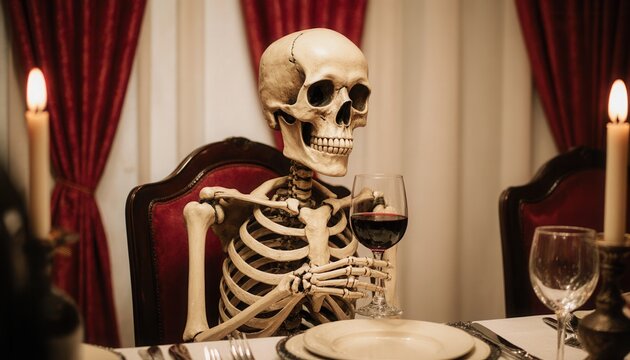 Skeleton sitting at a dining table holding a glass of red wine for Halloween   - Powered by Adobe