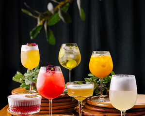 Delightful selection of colorful cocktails arranged elegantly at a bar