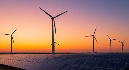 wind turbine and solar system  at sunset