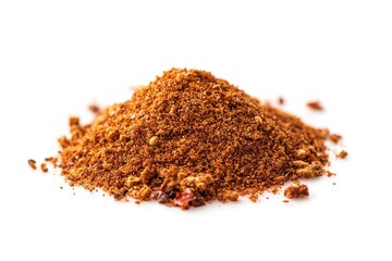 A small mound of authentic taco seasoning blend, featuring visible flecks of chili, paprika, and cumin, set against a bright white backdrop