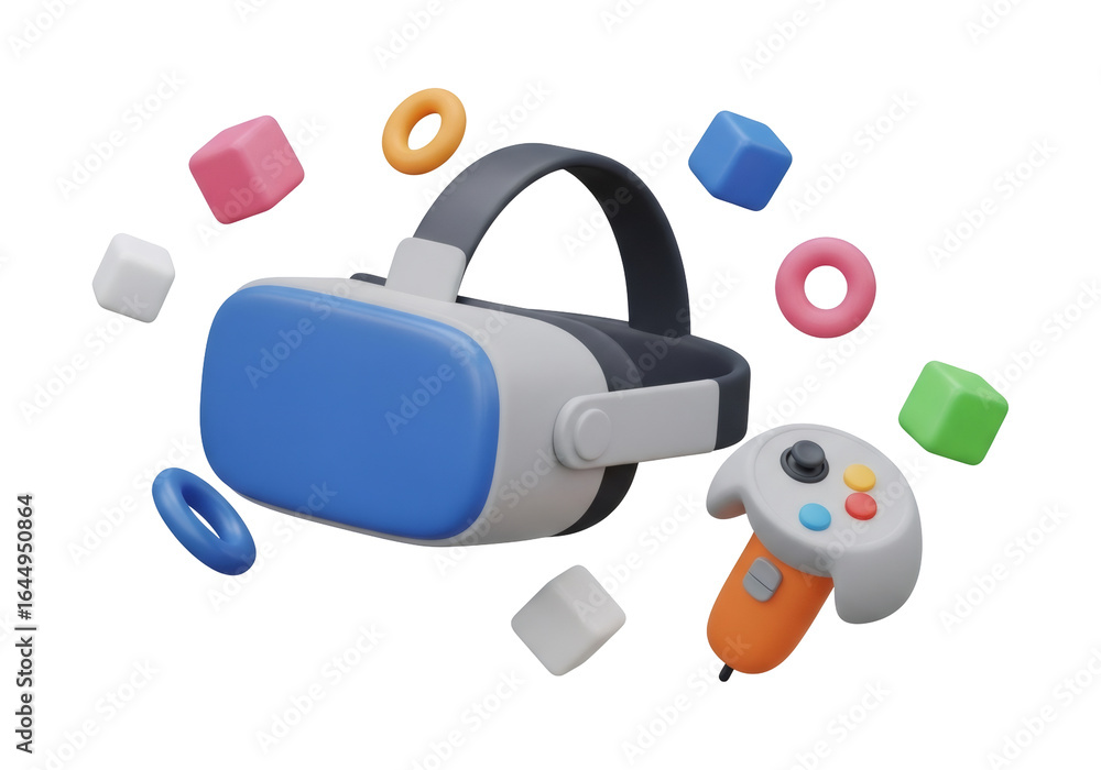 Fototapete virtual reality headset and game controller floating with abstract shapes in black background