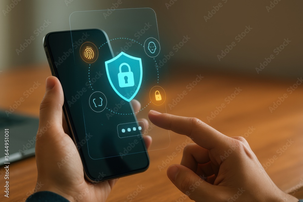 Poster mobile cybersecurity interface showing biometric lock icons and secure login elements