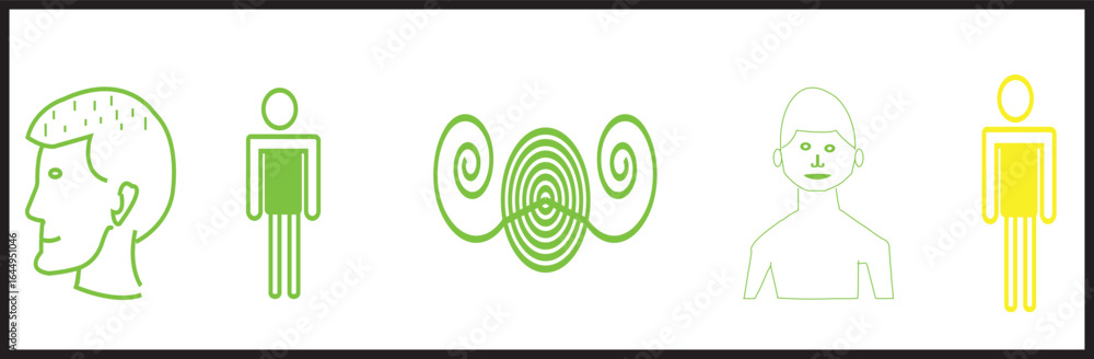 Poster a diverse set of five vector icons depicting human figures and abstract concepts related to the mind