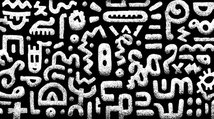 black and white doodle pattern with simple shapes and bold outlines