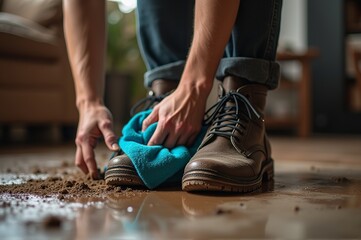 Hands diligently scrub a pair of muddy boots with a bright cloth in a warm, inviting living room. Natural light filters through, highlighting the efforts to restore cleanliness amidst a cozy setting