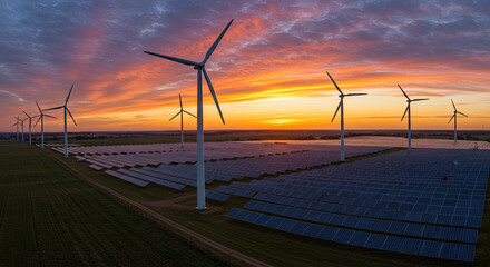 wind turbine and solar system  at sunset