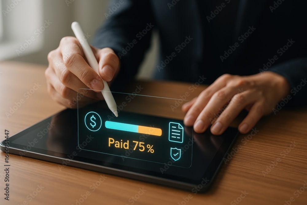 Aufkleber digital payment status interface showing 75 percent completion bar and document icons on tablet