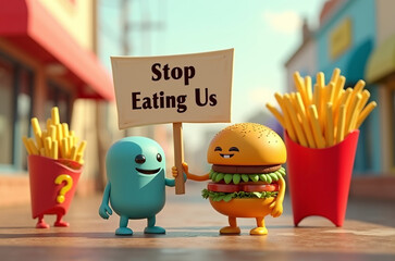 In a lively street filled with vibrant shops, animated characters rally together, holding a humorous sign expressing their plea for food safety under the cheerful sunlight