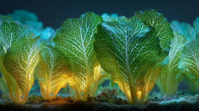 extreme close up of fresh kale leaves glowing from LED light below