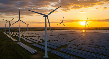 wind turbine and solar system  at sunset