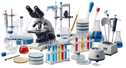 Laboratory equipment with test tubes, microscope and centrifuges on white background