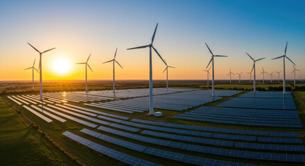 wind turbine and solar system  at sunset