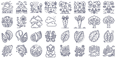 Obraz premium Nature, plants and animals icon set of 32 outline symbols for blogs, websites, clipart for cards, eco education, conservation awareness, posters, presentations, stationery design