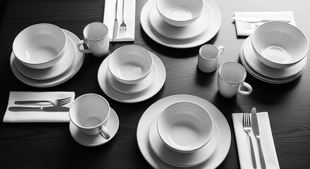 Monochrome image of a table setting with white plates bowls mugs and silverware on dark surface
