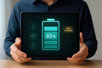 Battery Efficiency Dashboard Showing 85 Percent Goal Achieved with Renewable Energy Icons
