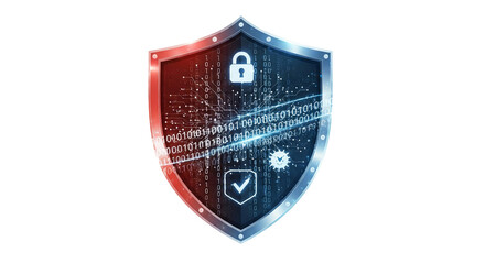 Cyber security shield with lock and binary code on white background
