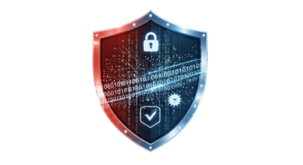Cyber security shield with lock and binary code on white background