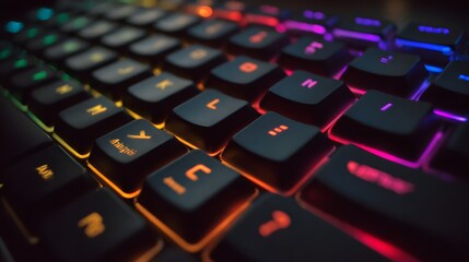 Close-up view of a backlit computer keyboard.