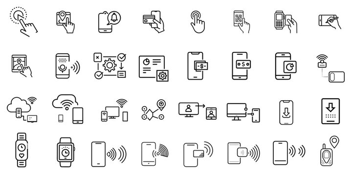 Mobile phone and technology icon set of smartphone, message, battery, wifi and app symbols for blogs, websites, UI kits, clipart and presentations