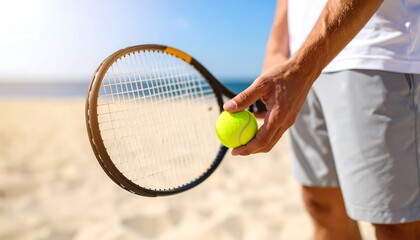 Man holds tennis ball and racket on sandy beach