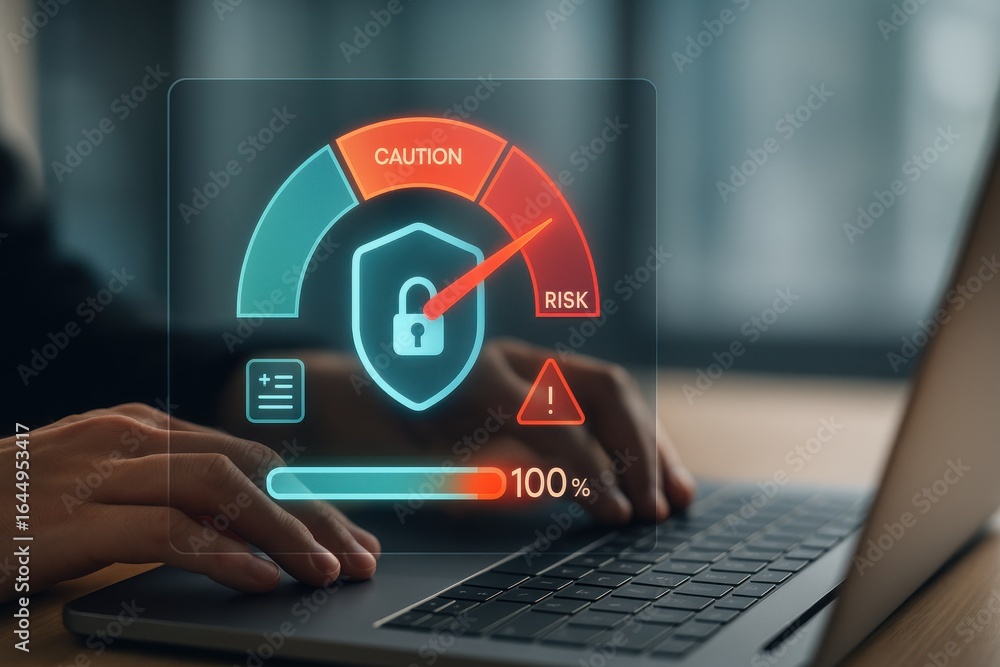 Poster cybersecurity risk meter showing high alert with lock icon and 100 percent risk indicator