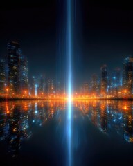 Futuristic city skyline at night, reflected in water, with a central light beam