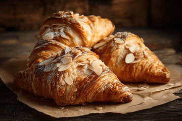 Golden almond croissants in authentic French bakery interior