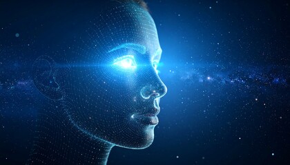 Obraz premium Digital Woman's Profile with Glowing Eyes Against a Starry Galaxy Background