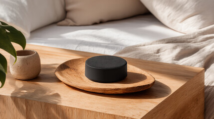 sleek modern wireless charger on wooden nightstand bathed in soft ultrabright morning light