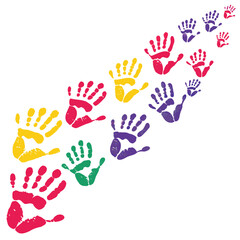 Fototapeta premium Colorful handprints arranged in a diagonal pattern on a white background hands rainbow