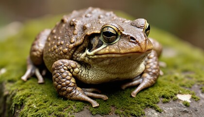Obraz premium Brown frog sitting on mossy rock in a natural setting 