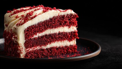 A delectable slice of three-layered red velvet cake, frosted with creamy white icing and adorned with red crumbs, rests on a dark plate against a black backdrop