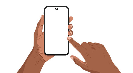Hands holding a blank smartphone with finger on the screen
