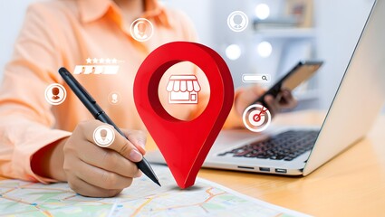 Local business SEO marketing strategy with location pin and laptop